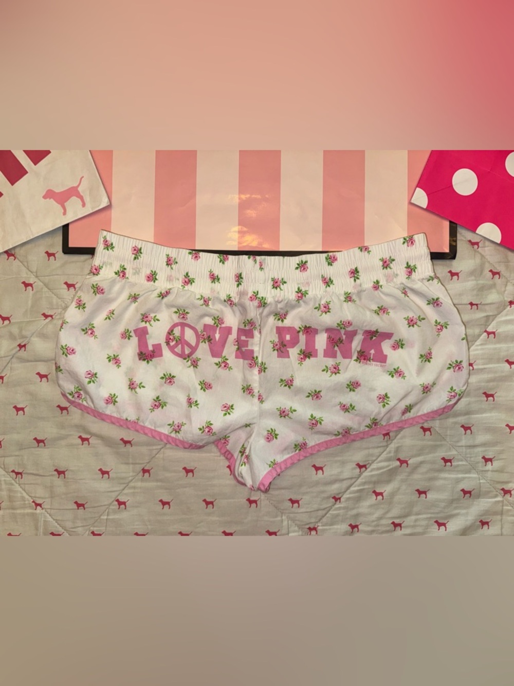 VS PINK VINTAGE Y2K SET FLORAL LOVE BOOTY SHORTS & LACE TRIM CAMI TANK TOP NWOT - Picture 6 of 13